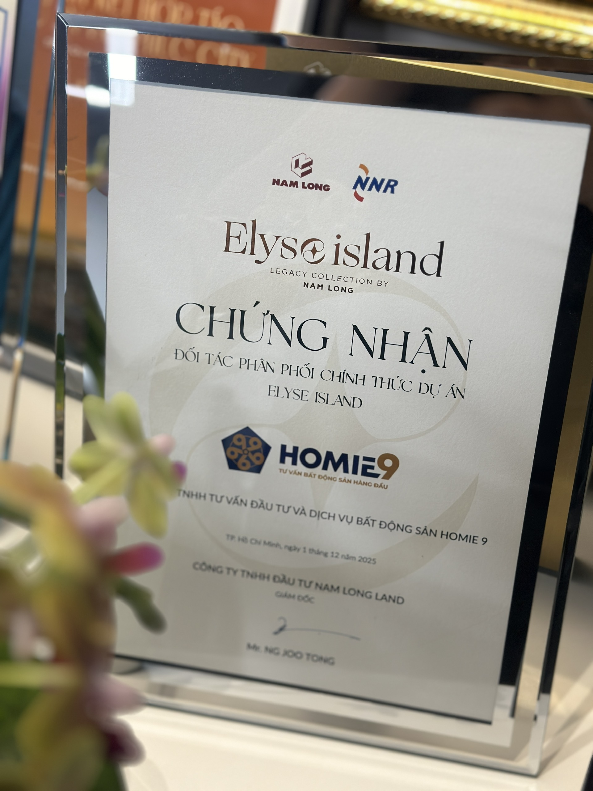Chứng nhận HOMIE9 - Đại lý phân phối chính thức dự án Elyse Island